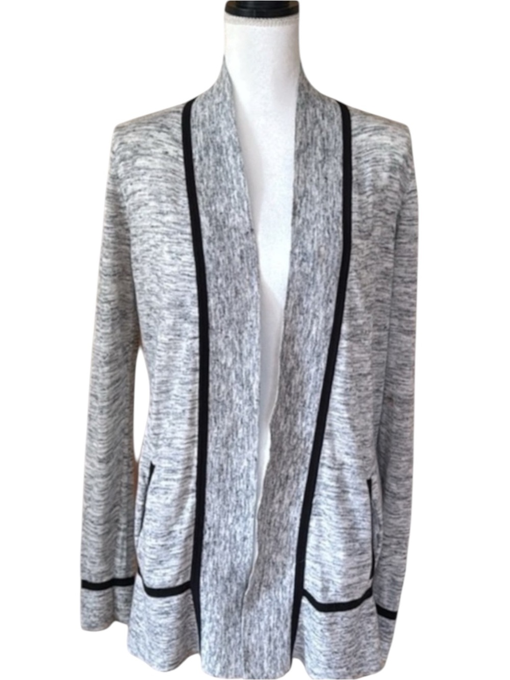 Lou & Grey LOFT Heathered Gray Cardigan Black Trim Pockets Size Small